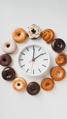 Obraz premium Circular donut arrangement around clock face on neutral gradient backdrop
