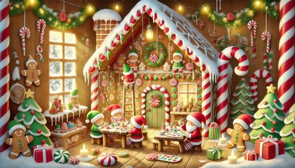 Elves Decorating Gingerbread House for Christmas
