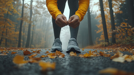 Autumn Runner Tying Shoes on Misty Forest Path