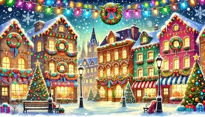 Fototapeta premium Festive Christmas Village Square with Colorful Lights 