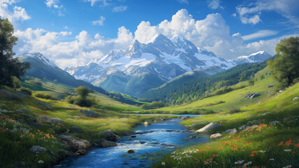 serene landscape featuring mountains, flowing river, and vibrant greenery