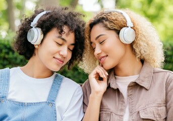 Obraz premium Two women enjoying music with headphones in a park on a sunny day