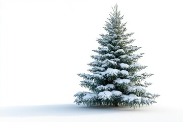 Snow covered Christmas tree isolated on white background.
