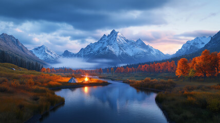 Fototapeta premium serene landscape featuring mountains, river, and autumn trees