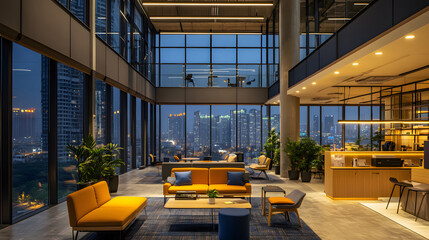 Business office space in the urban night scene