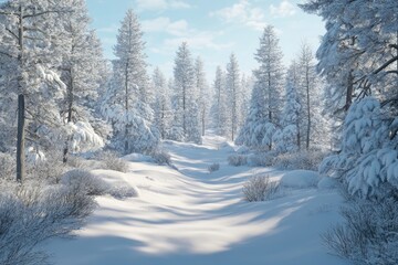 Obraz premium Winter landscape in fir forest and glade in snow Winter Winter landscape