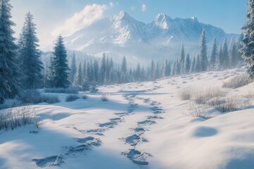 Snowy Carpathian mountains with path through fir forest.