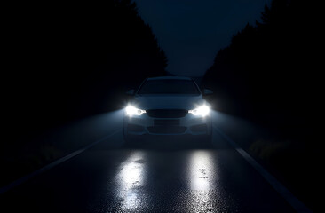 car with its headlights on in the dark