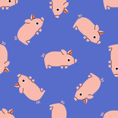 Cartoon pig portrait isolated on blue seamless pattern background. Farm domestic animal collection.