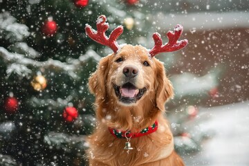 A cheerful golden retriever wearing reindeer antlers and a jingle bell collar, sitting proudly next to a snow-covered Christmas tree.
