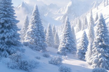 Winter  Winter rime and snow covered fir Christmas trees on mountainside