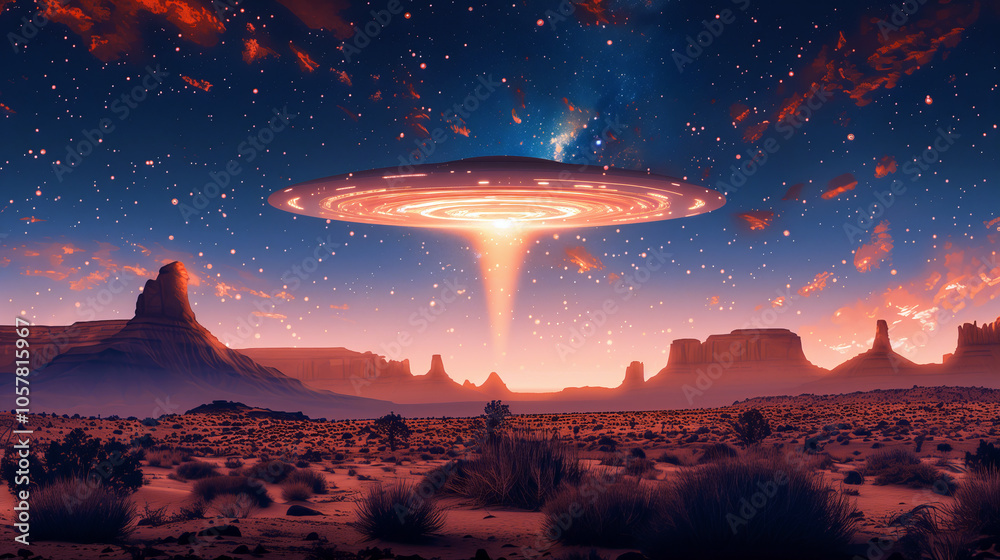 Poster an alien ufo spaceship hovering over the desert area at night.