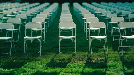 Obraz premium Minimalistic arrangement of white folding chairs on green lawn for outdoor event planning