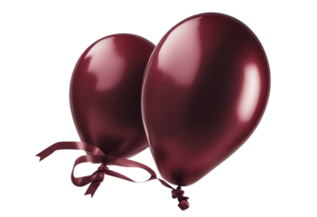Pair of dark red balloons with ribbon isolated on transparent background cutout