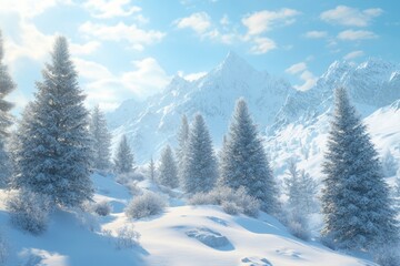Fototapeta premium Winter snow covered fir trees on mountainside on blue sky with sun shine background Winter