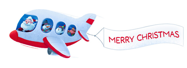 airplane piloted by santa claus with penguin elf snowman and christmas greetings sign