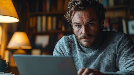 A man sitting at a table using a laptop computer