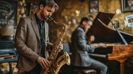 Fototapeta premium A live jazz trio with beautiful saxophones, intricate drum beats and a pianist playing piano to convey the essence of jazz.