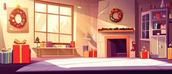 Cozy Holiday Living Room with Fireplace, Presents and Christmas Decor