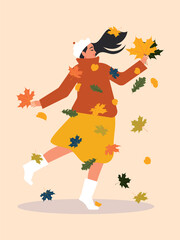 A cheerful young woman dances in the falling autumn leaves. Vector.