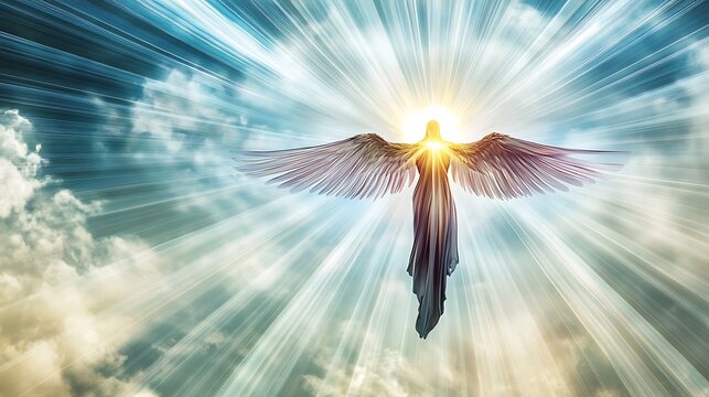 A peaceful scene of a bright, glowing angel hovering in a cloudfilled sky, with soft rays of light shining down from above.
