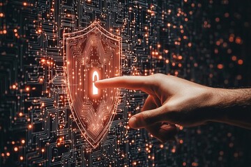 A hand touches a glowing lock icon on a digital shield amid a backdrop of glowing circuits, representing the theme of cybersecurity and digital protection.