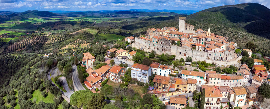 Italy travel and landmarks. Capalbio - charming small traditional top hill village (borgo) in Tuscany. Grosetto province. considered one of the most beautiful villages of Italy. aerial paniramic view