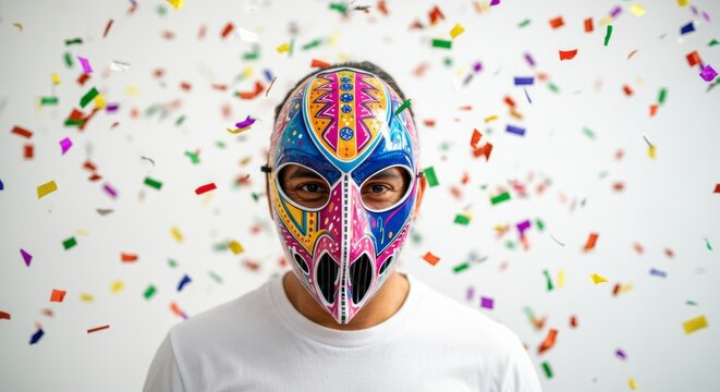 Person wearing colorful mask amid falling confetti in festive celebration.