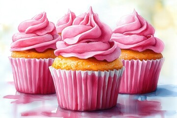 Three delicious cupcakes with pink frosting on a colorful background.