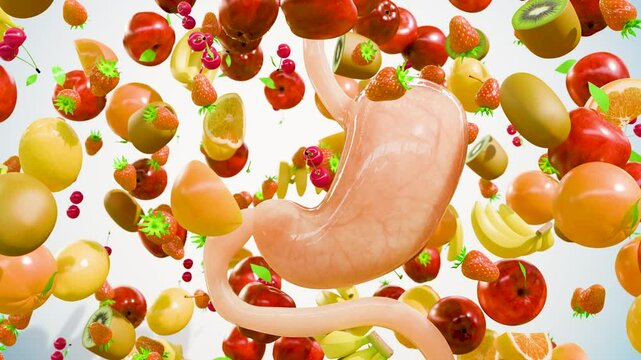 Healthy food for Digestive System, Medical and healthcare food eating concept. dieting fitness, Sweet tropical fruits, Prebiotics, fiber, 3D render