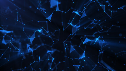 Abstract plexus background of blue lines and dots connected in the space. Digital technology network, science, medicine, finance, and economy background. Big data, engineering, future technology. 