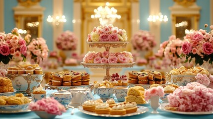 Elegant tea party table setting with floral centerpieces, pastries, and teacups.