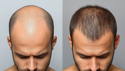 Fototapeta premium Hair Loss in men, Before and After Alopecia Treatment, Effective Hair Regrowth and Density Transformation. Hair cosmetics. 