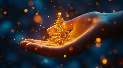 A child's hand, holding a sparkling golden Christmas tree shape.