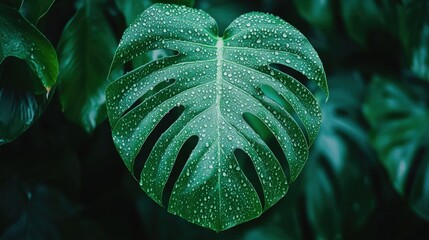 Fototapeta premium A close-up of a large, green monstera leaf with water droplets on it.