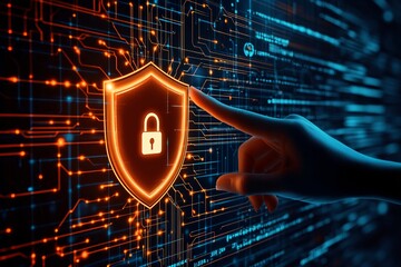 A hand touches a glowing lock icon on a digital shield amid a backdrop of glowing circuits, representing the theme of cybersecurity and digital protection.