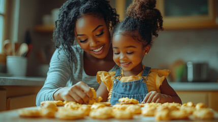 little african american girl with mother preparing cookies at table on light kitchen background, family traditions, young woman with daughter, mother's day, parent, child, kid