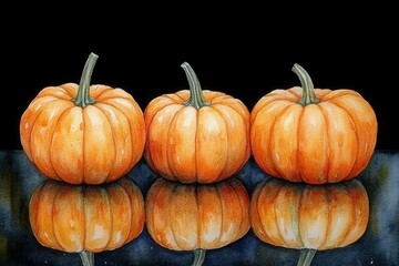 Obraz premium Three vibrant pumpkins with a reflective surface against a black background.