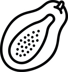 Papaya Outline Icon with Seeds, Minimalist black and white outline icon of a papaya with seeds, ideal for representing tropical fruit, healthy food, or nutrition themes.
