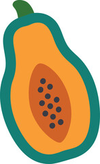 Papaya Illustration with Seeds and Orange Flesh, Colorful illustration of a halved papaya, showing vibrant orange flesh and black seeds, symbolizing tropical fruit and healthy eating.
