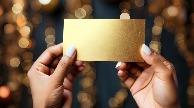 Christmas sale design A hand holding a brown card with a gold border. The card is blank and the hand is holding it up