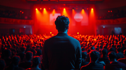 Rear view of a man in front of a crowd at a concert