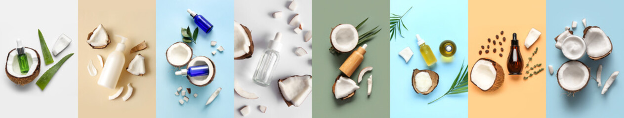 Collage of cosmetic products with coconut extract on color background, top view
