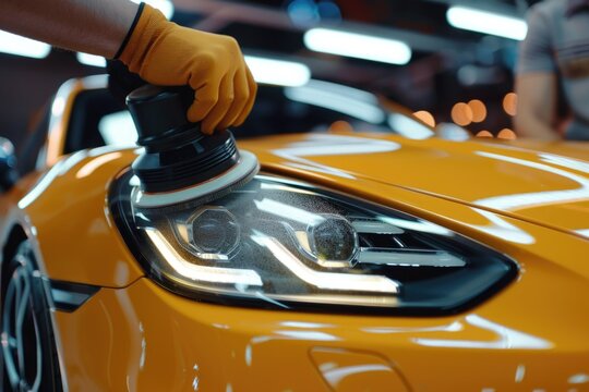 Professional male worker polishing luxury car hood in auto shop.