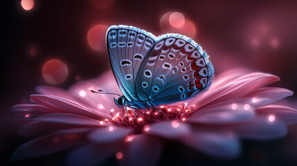 Fototapeta premium A Close-Up View of a Vibrant Blue Butterfly Resting on a Pink Flower During a Serene Late Afternoon