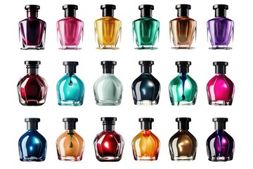 Variety of nail polish bottles on white background. Shot individually.