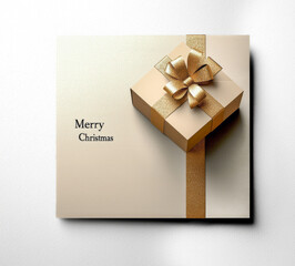 Beige christmas greeting card with golden gift box and golden ribbon on white textured background