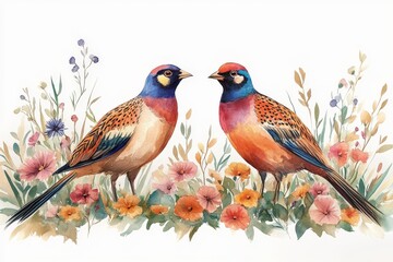 Fototapeta premium Two colorful birds amidst vibrant flowers in a watercolor illustration.