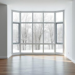 Empty room's big window reveals winter landscape Condominium Ultra realistic Photorealistic 