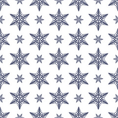 Snowflakes seamless pattern, detailed hand drawn vector line illustration. Graphic outline doodle drawing. Christmas and New Year background for frosty winter design, gift wrapping, packaging, textile